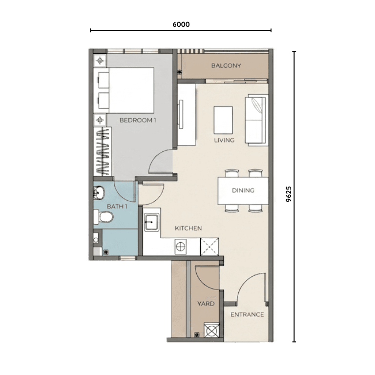 The Iconic Type A 526 sqft 1BR floor plan