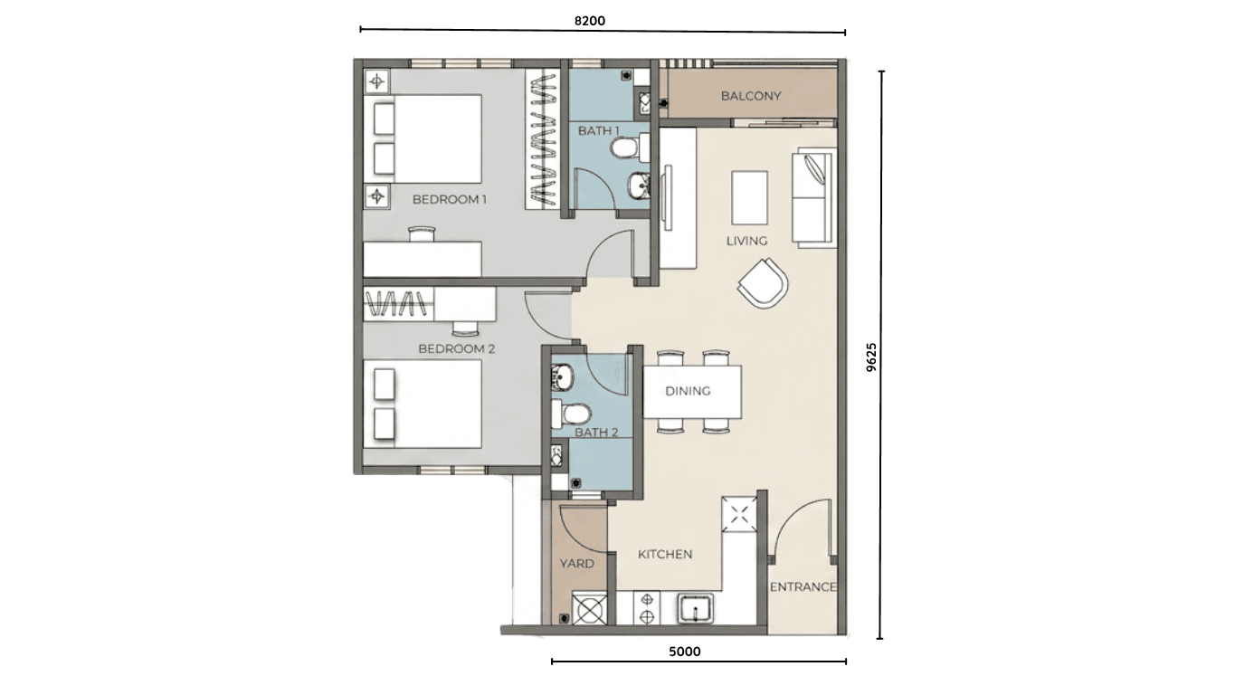 The Iconic Type B 756 sqft 2BR floor plan