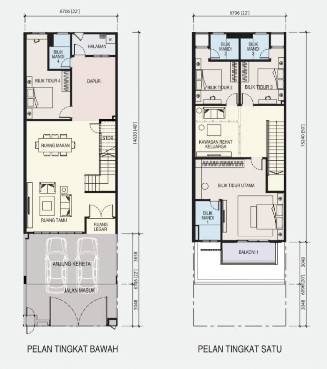 Pulai Bestari P4 double storey terrace floor plan, ground floor and first floor layout